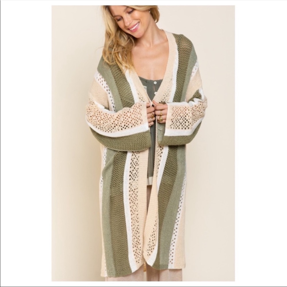 NWOT POL Green and Cream Striped Cardigan - Picture 2 of 4